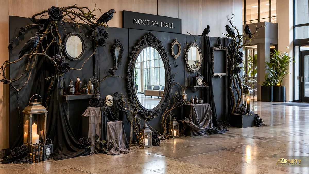 Góc sảnh Noctiva Hall với gương lớn, khung cổ, quạ đen, đèn lồng và hoa đen