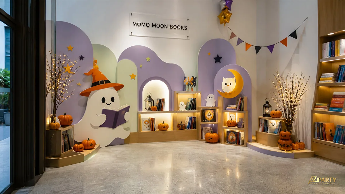 Góc thư viện Halloween dễ thương với ma đọc sách, cú mèo, bí ngô và đèn cây