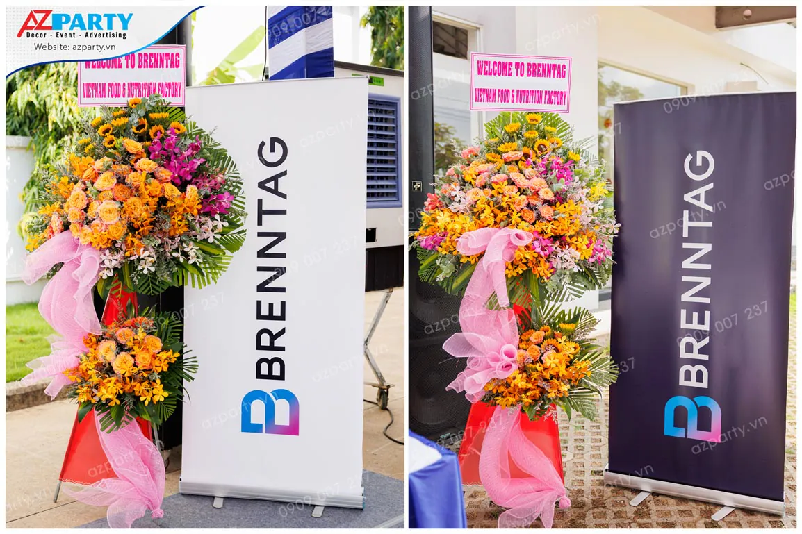 Standee giới thiệu và lẵng hoa khai trương chào mừng khách mời tại nhà máy Brenntag