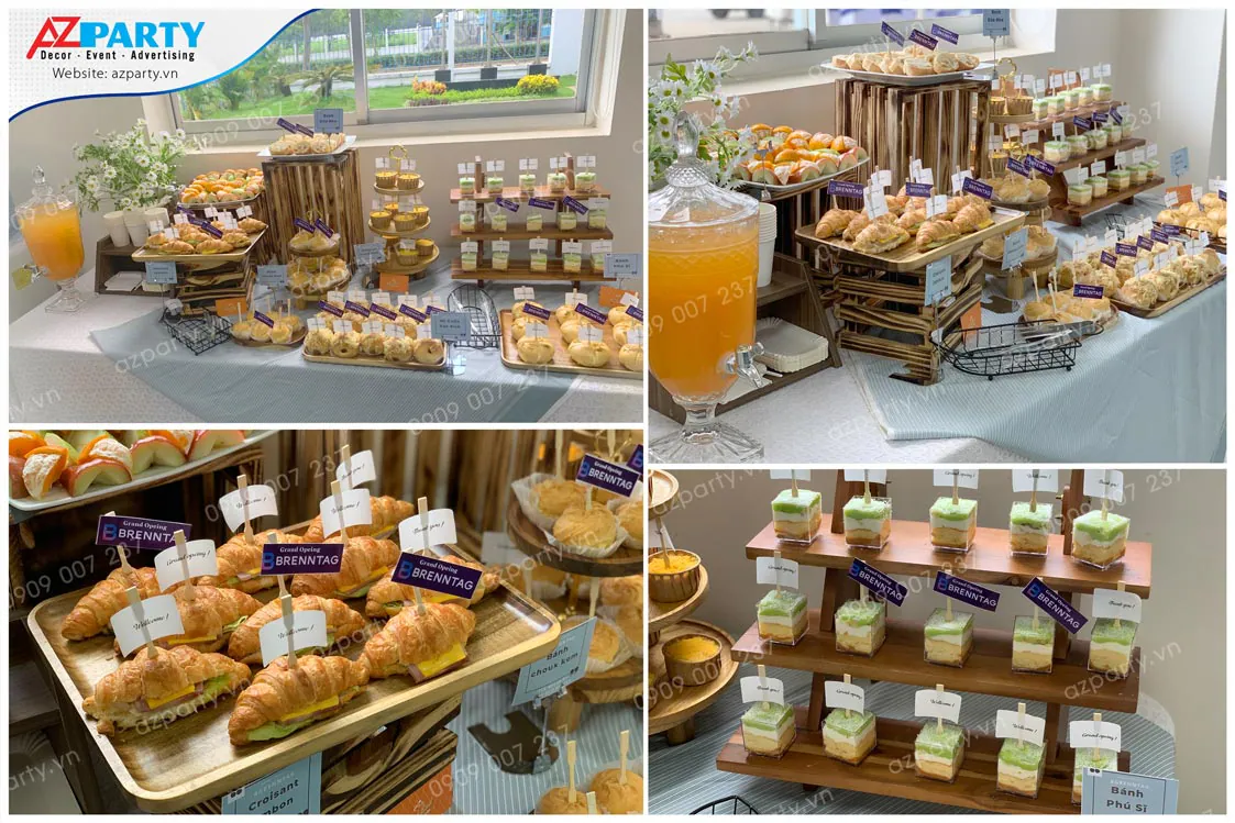 Bàn tiệc teabreak khai trương sang trọng với các loại bánh ngọt và nước ép tại Brenntag