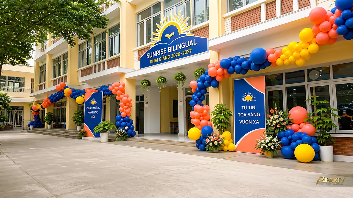 Hành lang Sunrise Bilingual trang trí các dải bóng xanh cam vàng và bảng thông điệp