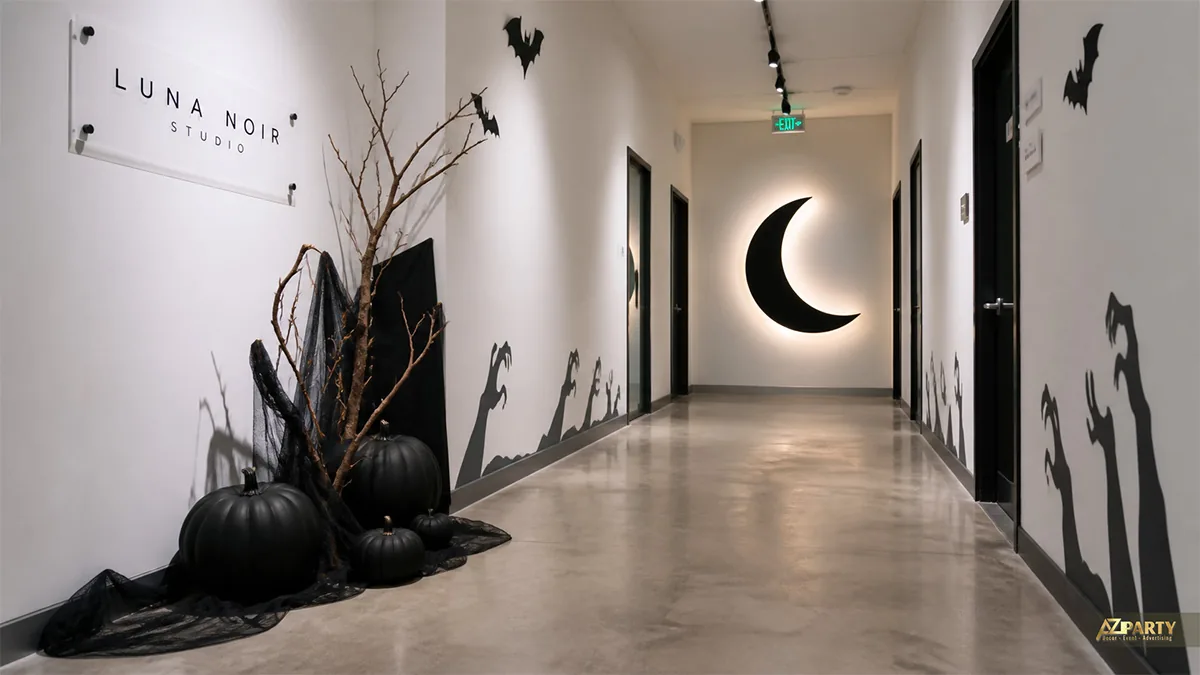 Hành lang văn phòng Halloween với bí ngô đen, cành khô và bóng mèo