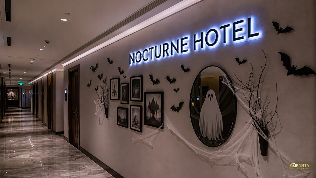 Hành lang khách sạn Halloween trang trí bóng ma trong gương, dơi và mạng nhện
