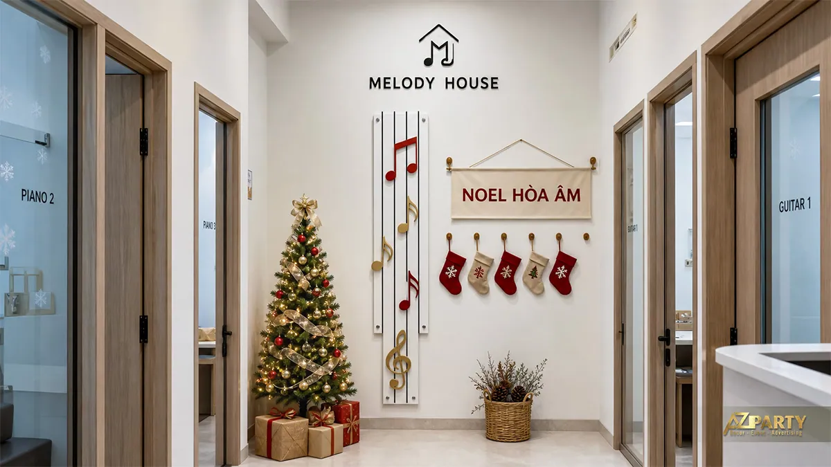Hành lang phòng thu với cây thông, tất Noel và họa tiết âm nhạc