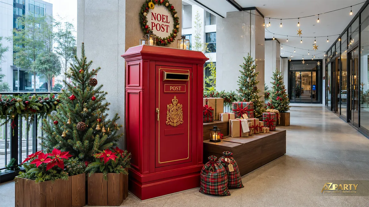 Hành lang thương mại với trụ hộp thư đỏ, cây thông và quà Noel