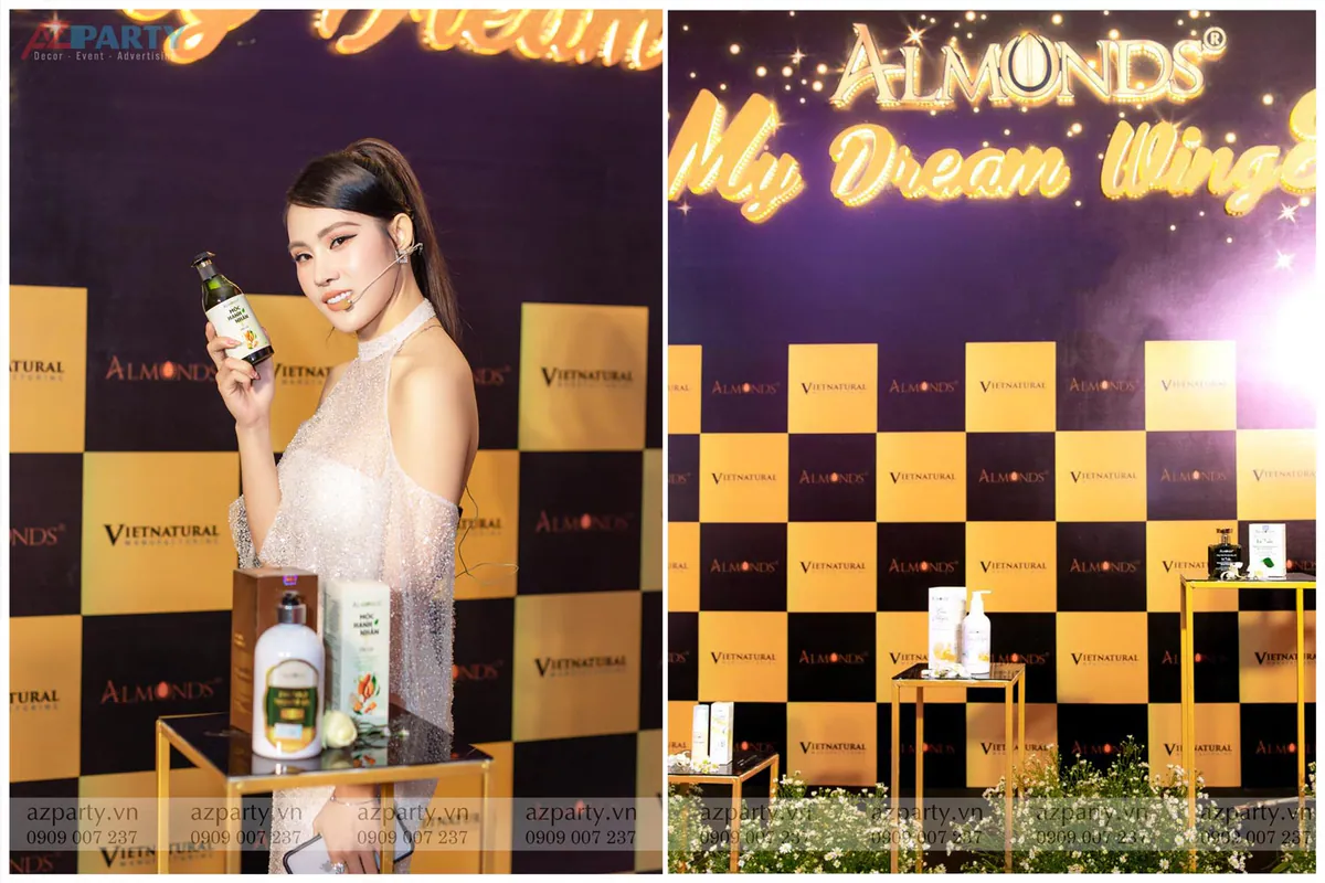 CEO thương hiệu giới thiệu các dòng sản phẩm chăm sóc da và tóc cao cấp của Almonds tại quầy trưng bày sự kiện.