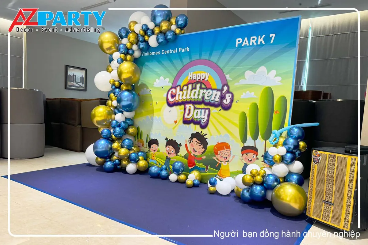 Backdrop chương trình Quốc tế Thiếu nhi Vinhomes Park 7 với thiết kế sắc màu