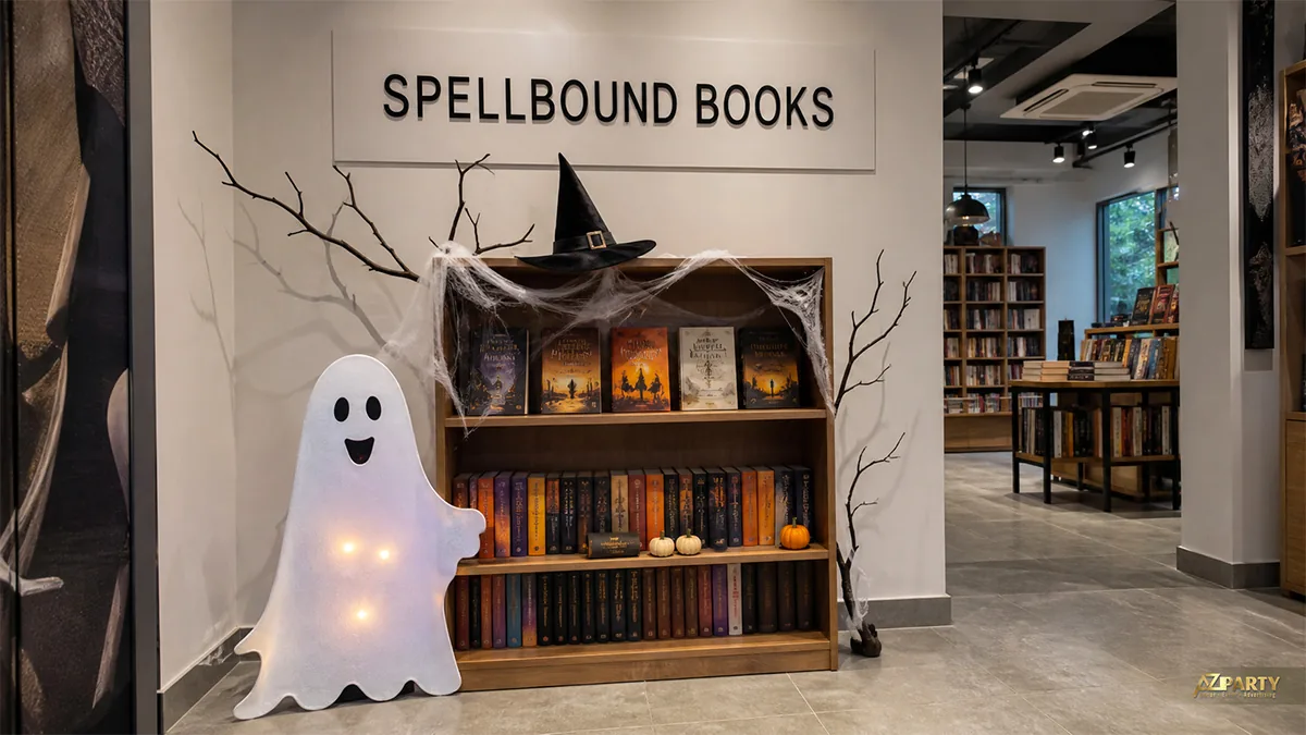 Kệ sách Halloween với bóng ma trắng, mũ phù thủy và mạng nhện