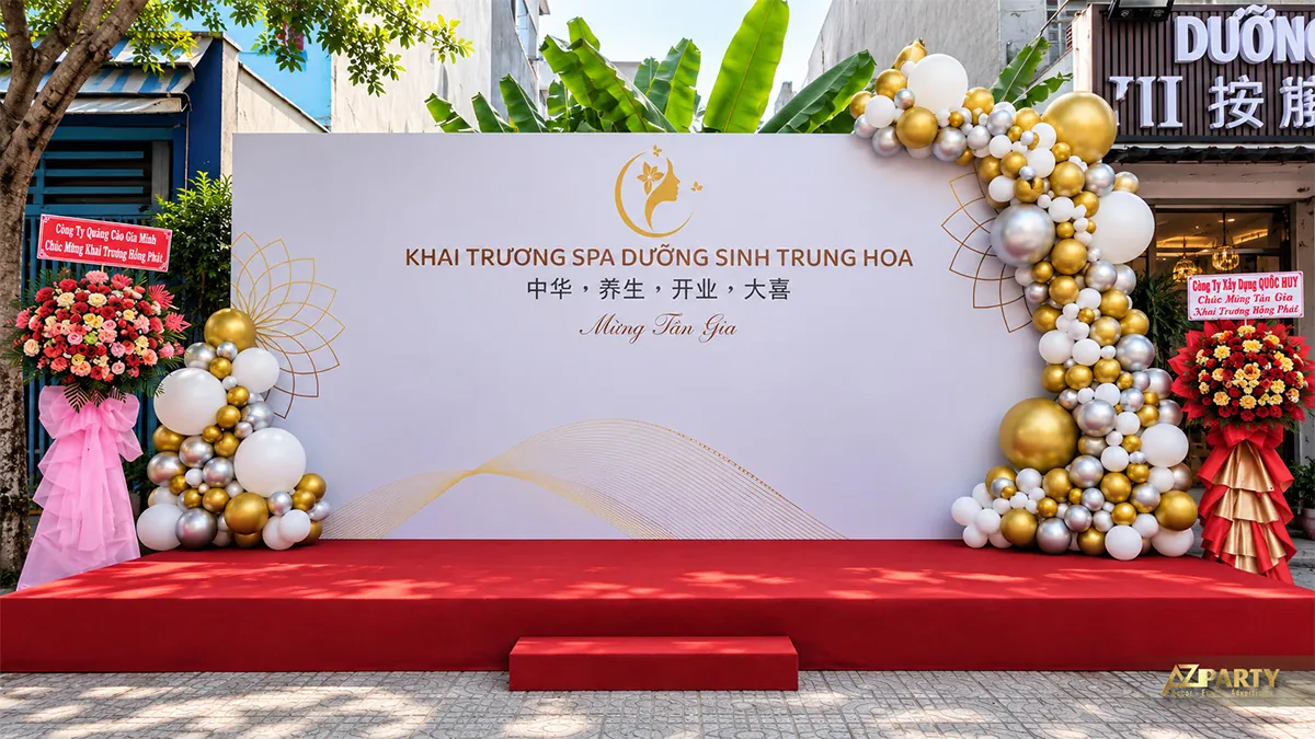 Backdrop Spa Dưỡng sinh Trung Hoa giữa hai lẵng hoa chúc mừng