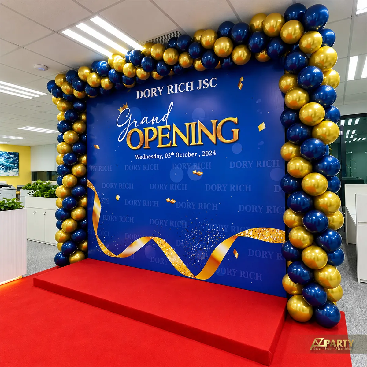 Backdrop Grand Opening Dory Rich viền bóng xanh và vàng