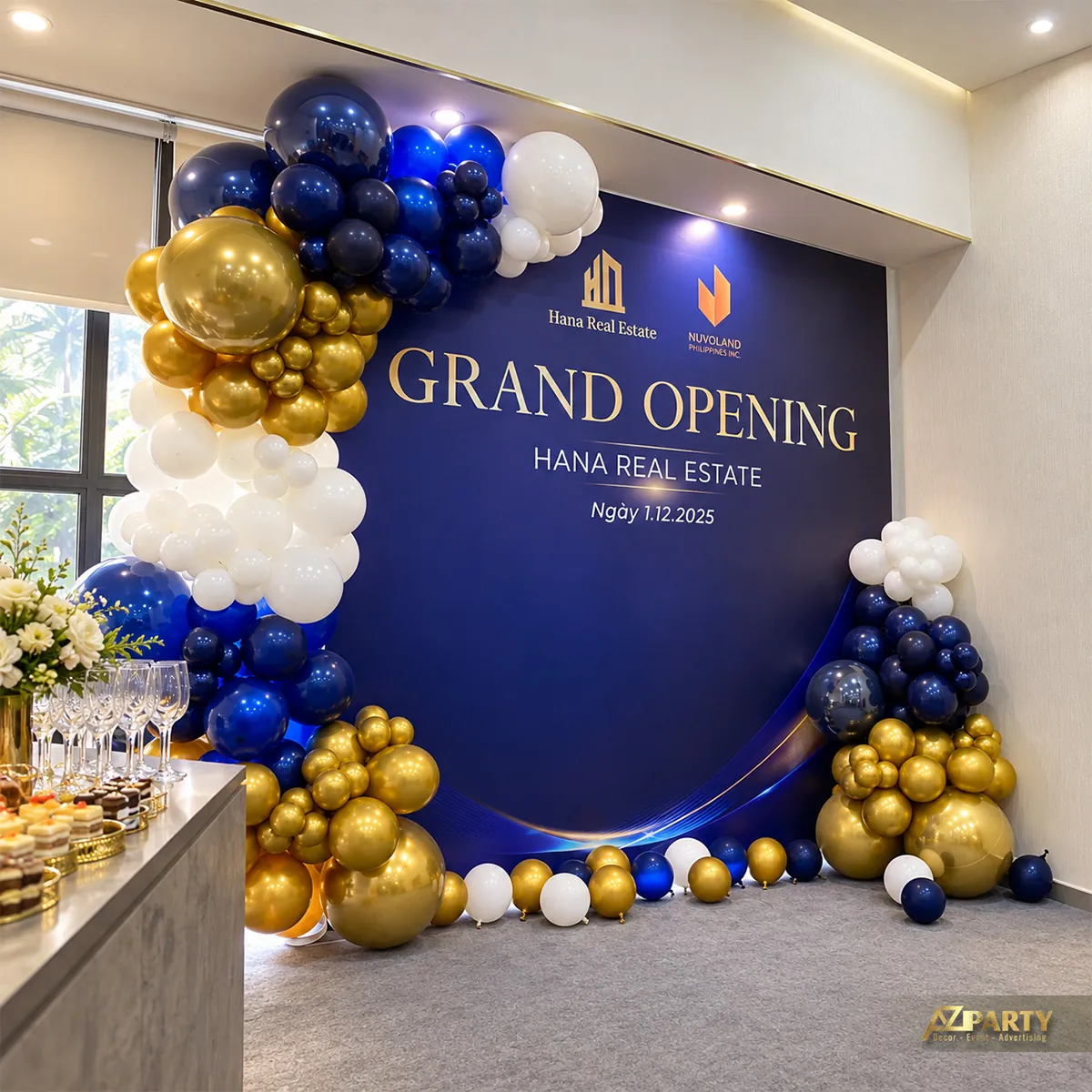 Góc đón khách Hana Real Estate với backdrop xanh navy và bàn bánh