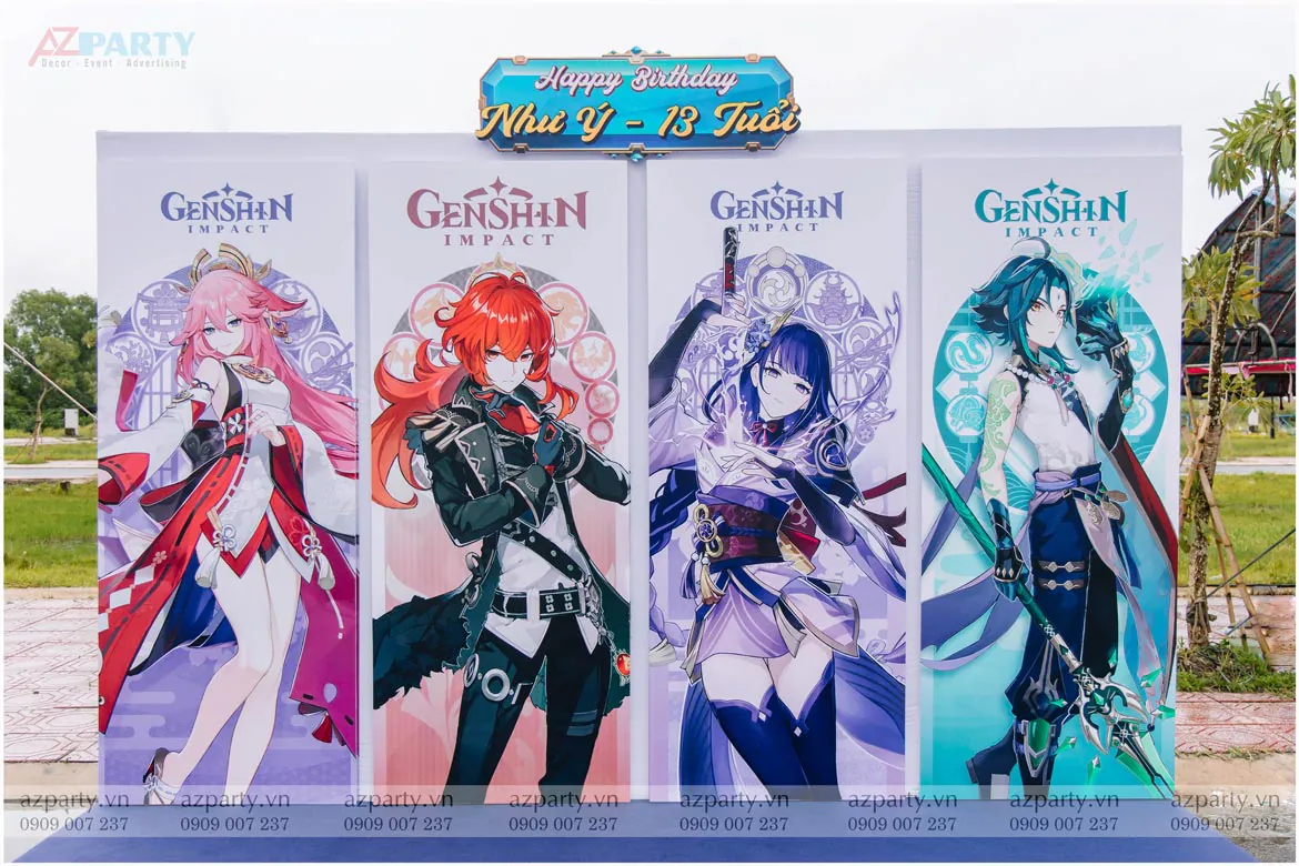 Backdrop chụp ảnh check-in ngoài trời in hình 4 nhân vật Yae Miko, Diluc, Raiden Shogun, Xiao nổi tiếng trong game Genshin Impact trong tiệc sinh nhật Như Ý.