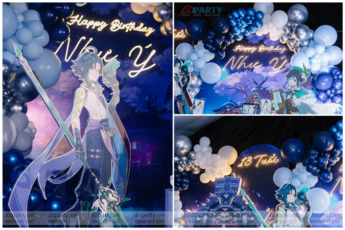 Collage chi tiết trang trí sân khấu sinh nhật với chữ đèn neon phát sáng nổi bật bên cạnh các mô hình nhân vật hoạt hình thiết kế sắc nét.