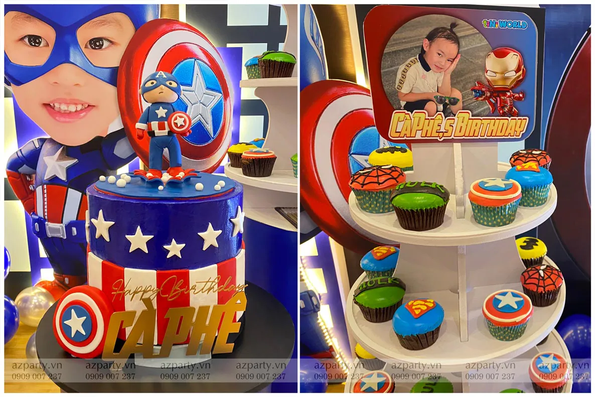 Bánh sinh nhật và tháp cupcake chủ đề siêu anh hùng Avengers đầy màu sắc cho bé trai Cà Phê, trang trí logo Captain America, Hulk và Người Nhện.