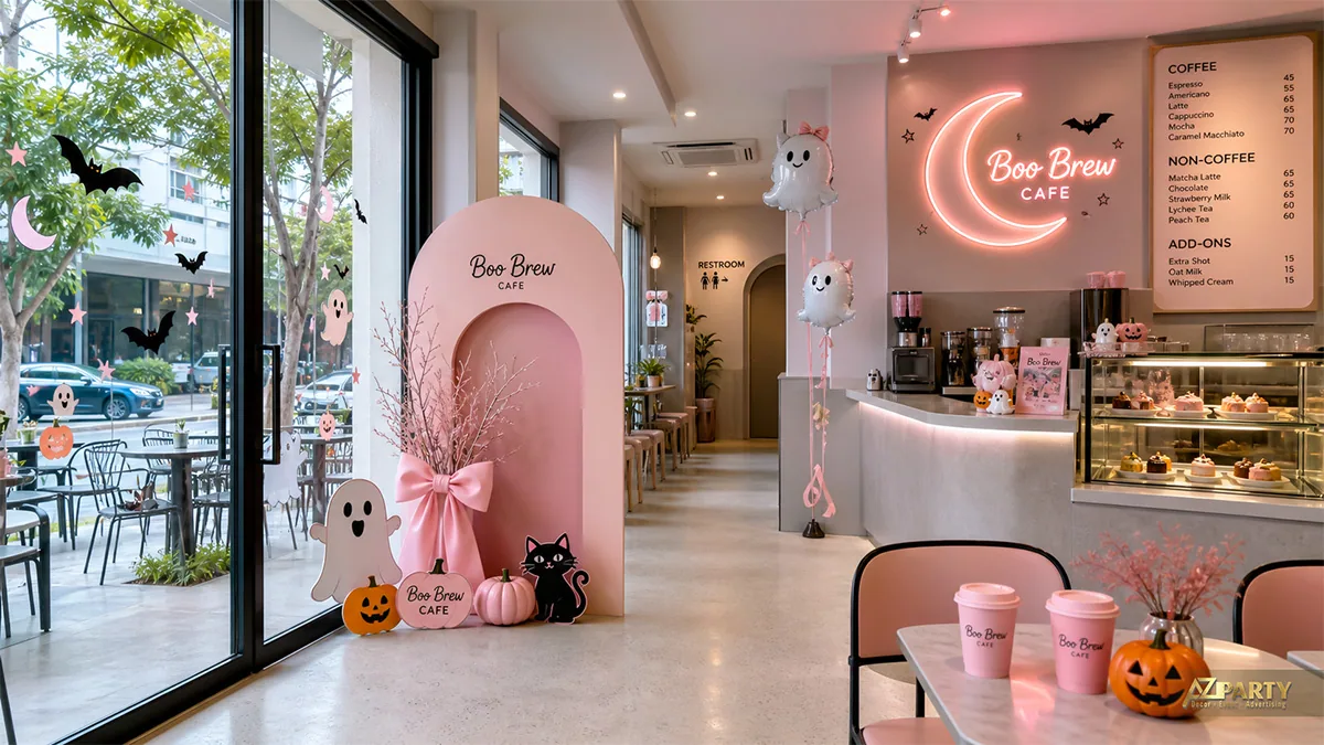 Không gian Boo Brew Cafe màu hồng pastel với ma nhỏ, mèo đen và bí ngô