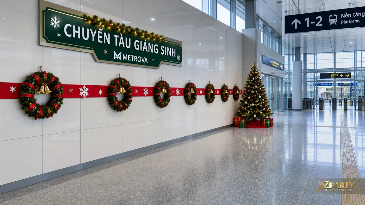 Không gian ga tàu với vòng nguyệt quế, cây thông và quà tặng