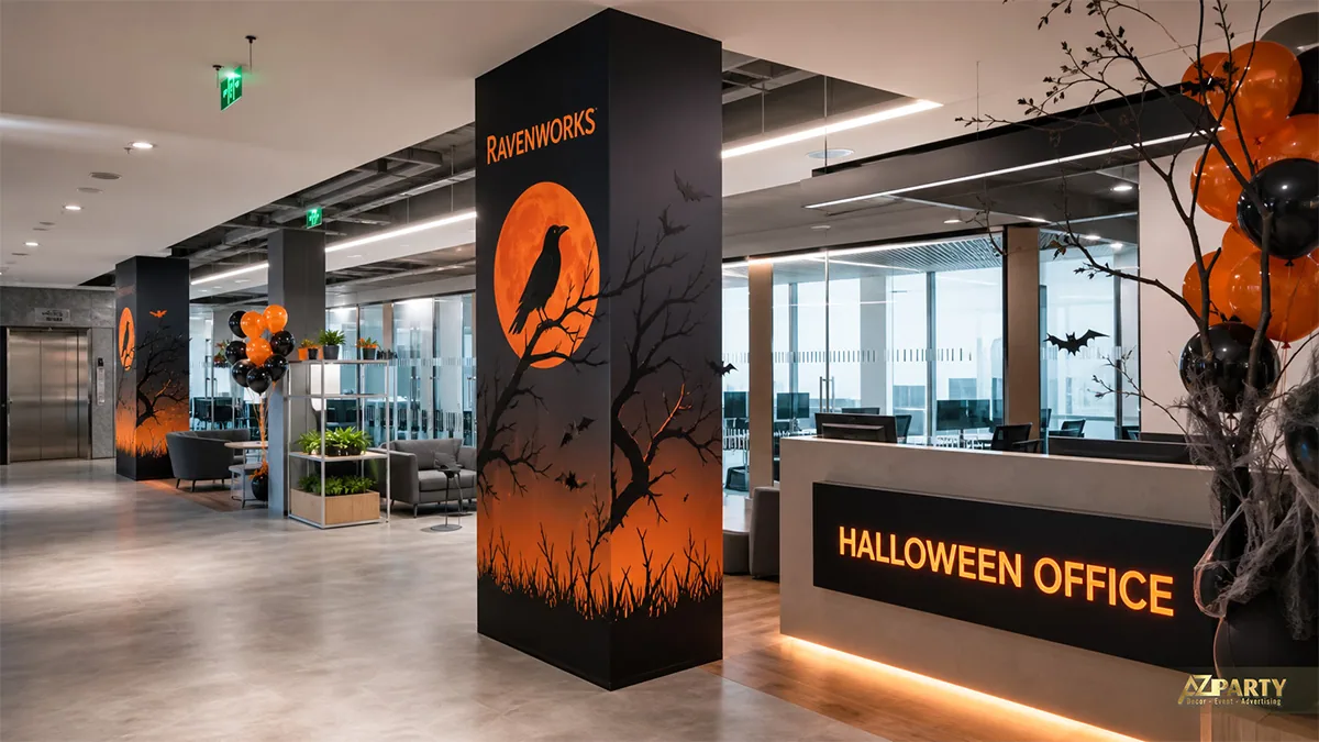 Không gian làm việc Halloween với cột trang trí trăng cam, quạ đen và bóng cam đen