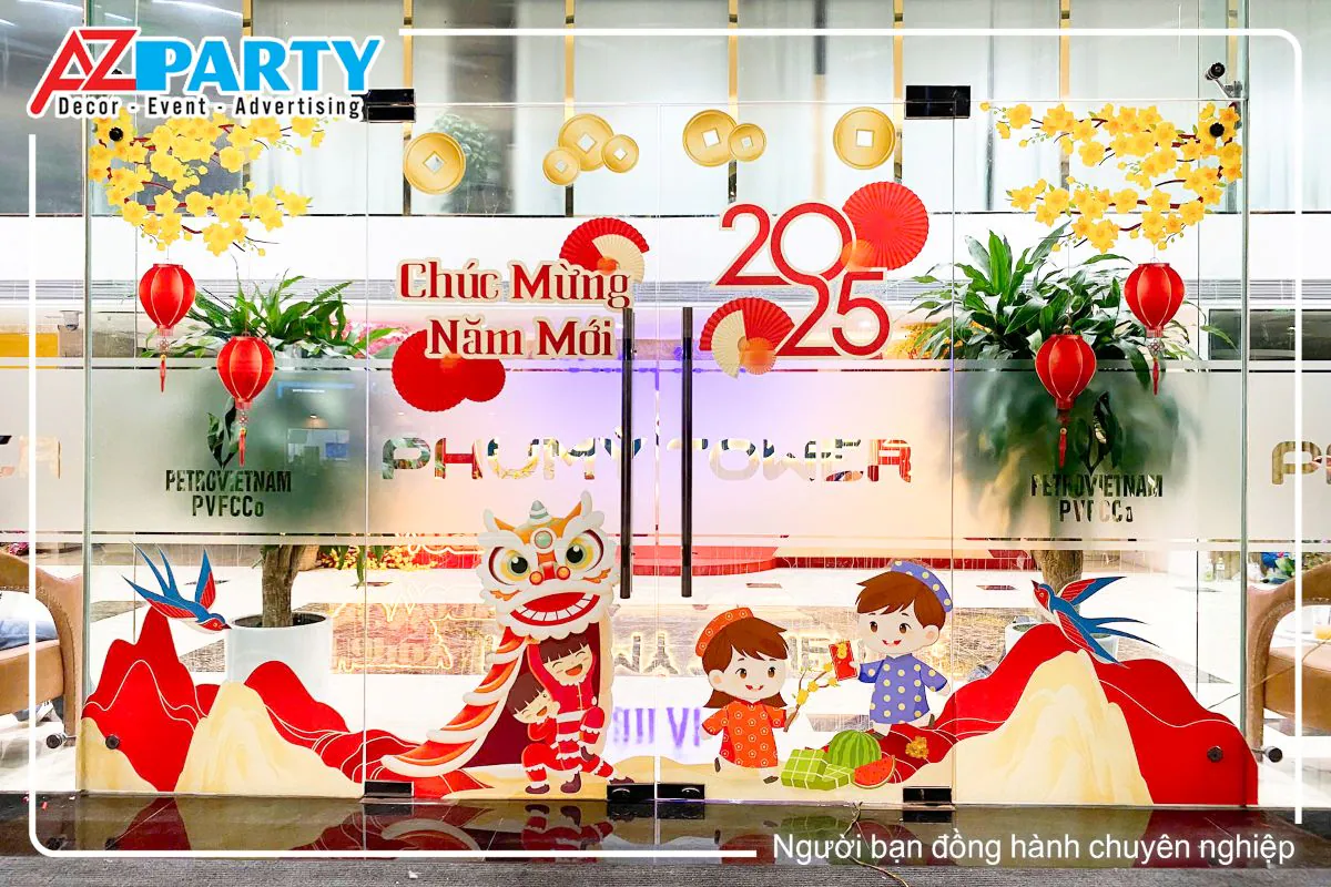 decal tết dán cửa kính tại PVFCCo, có trang trí các chi tiết như múa lân, 2 bé trai và gái, tiểu cảnh đòi núi và chim én