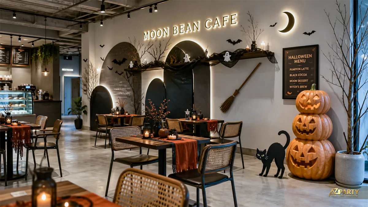 Khu bàn Moon Bean Cafe với chồng bí ngô, mèo đen, chổi phù thủy và vòm gương