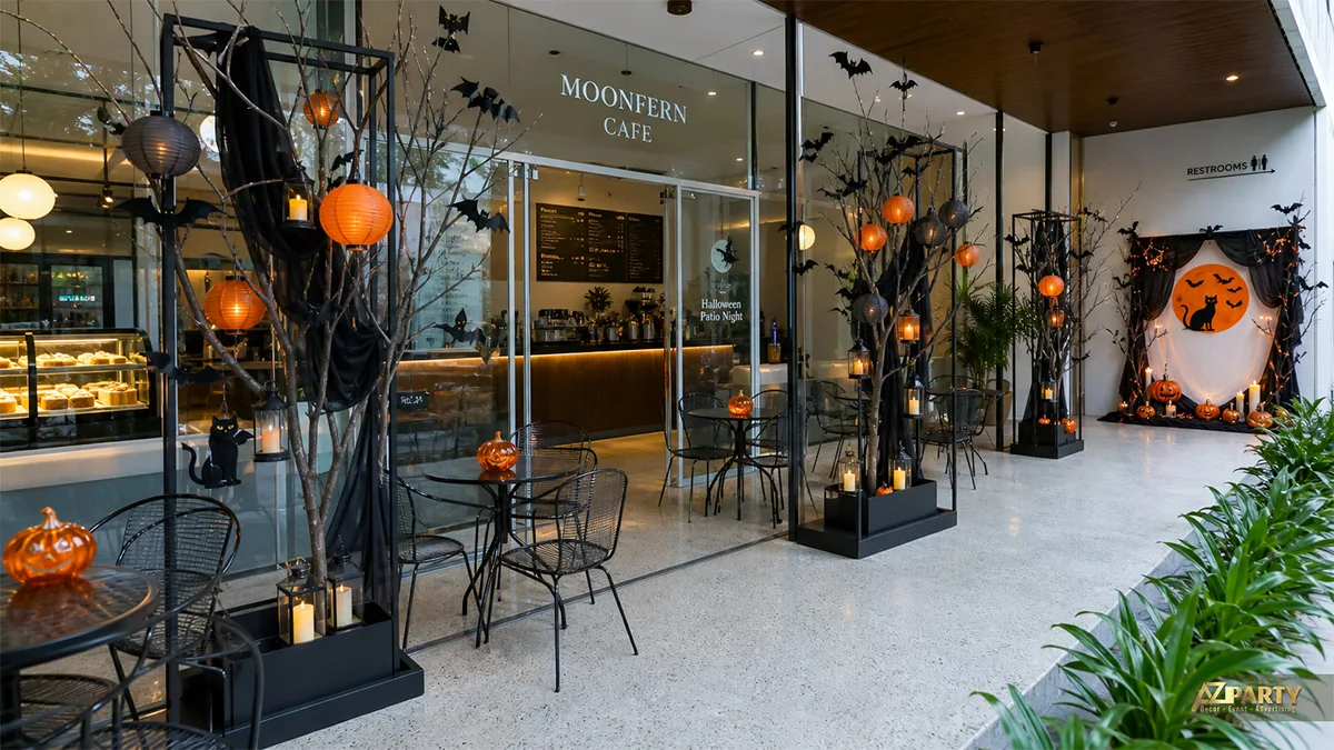 Khu bàn ngoài trời Moonfern Cafe với cành cây khô, đèn lồng và backdrop mèo dưới trăng