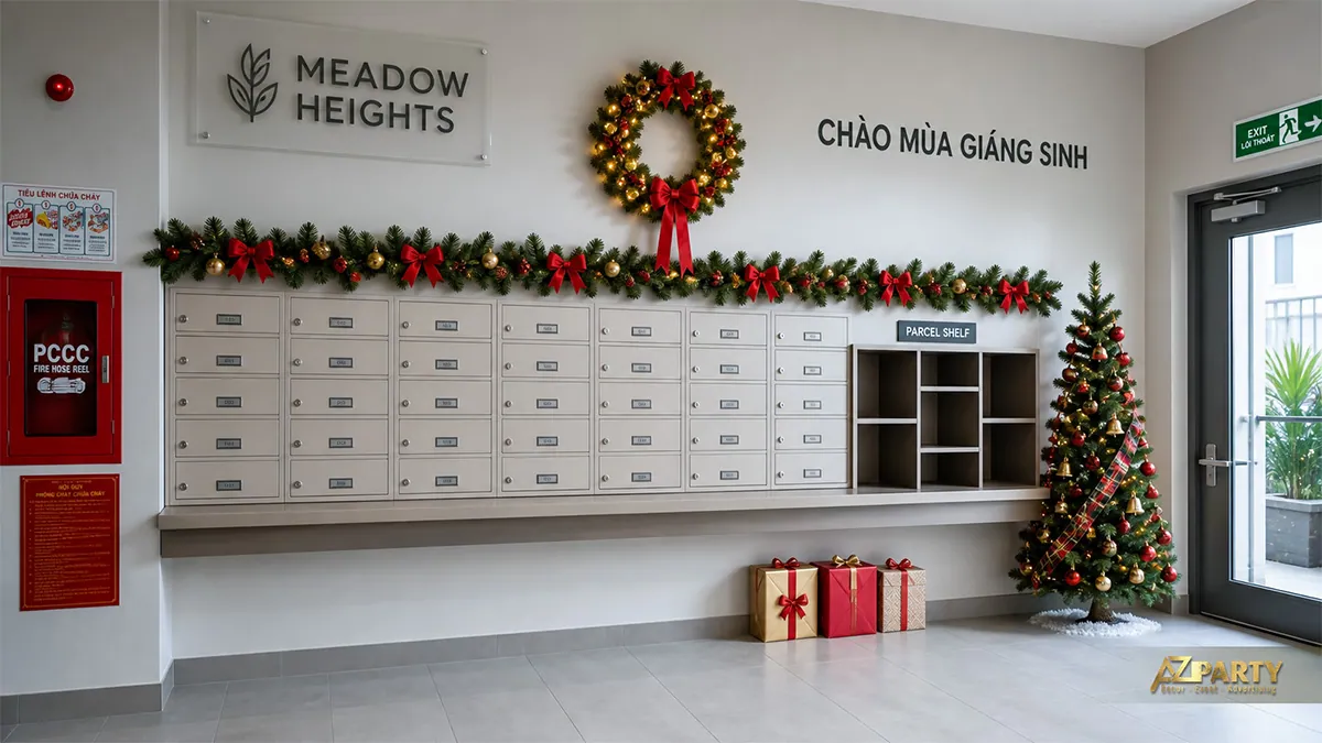 Khu hộp thư chung cư với dây thông, cây Noel và hộp quà