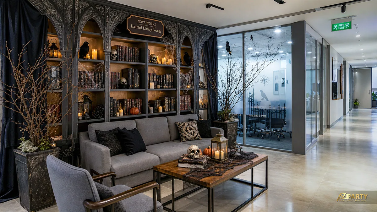 Khu lounge văn phòng phong cách thư viện ma với tủ sách Gothic, đầu lâu và nến