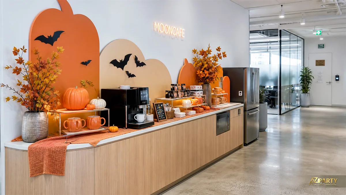 Khu pantry văn phòng trang trí Halloween màu cam với bí ngô, dơi và lá mùa thu
