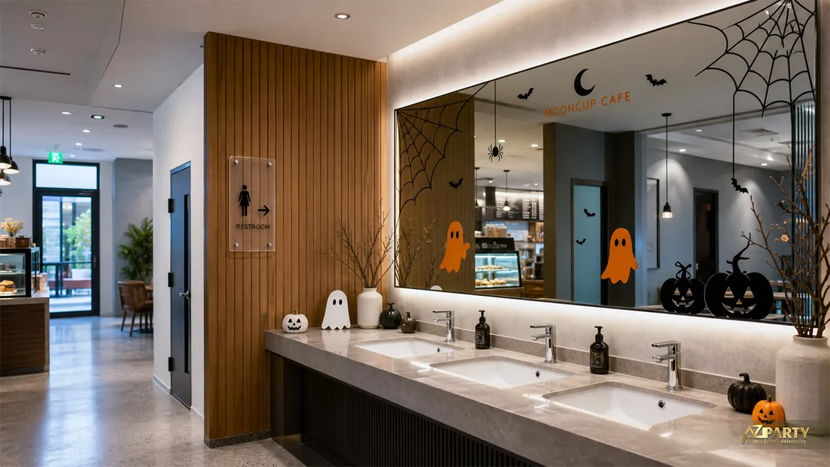Khu rửa tay Mooncup Cafe trang trí mạng nhện, ma trắng cam, dơi và bí ngô