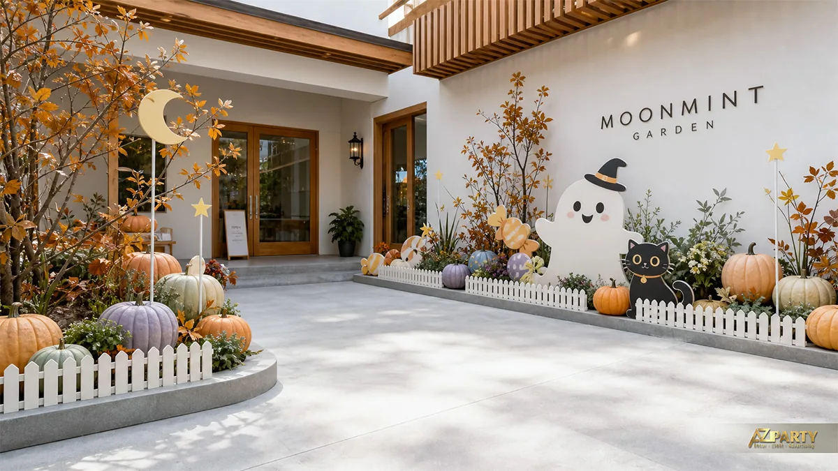 Khu vườn Halloween dễ thương với ma đội nón, mèo đen, bí ngô pastel và hàng rào trắng