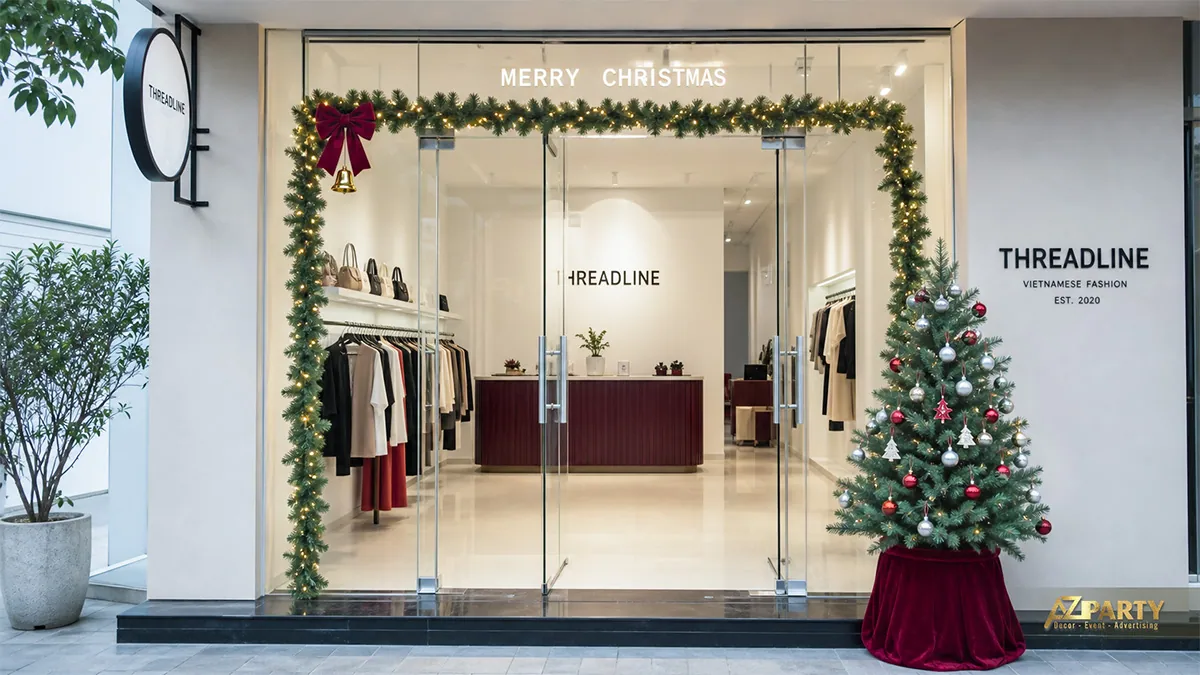 Lối vào cửa hàng với dây thông phát sáng và cây Noel nhỏ