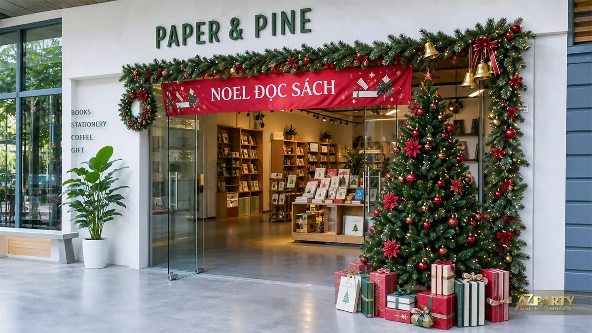 Lối vào hiệu sách với khung cây xanh, cây thông lớn và quà Noel