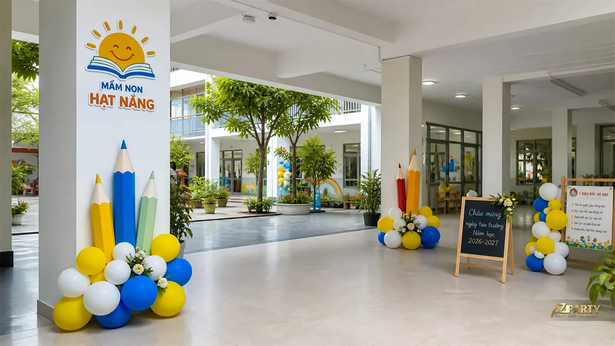 Lối vào mầm non Hạt Nắng với mô hình bút chì, bảng chào năm học mới và cụm bóng