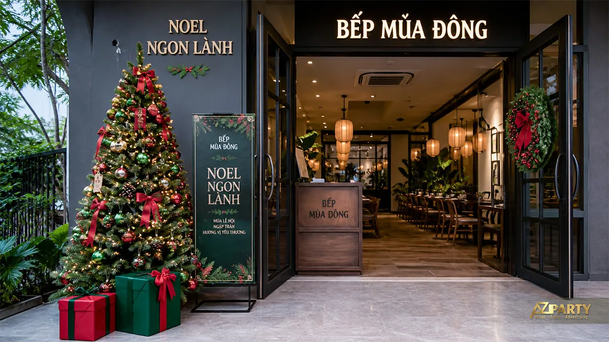 Lối vào nhà hàng với vòng nguyệt quế, cây thông và hộp quà Noel