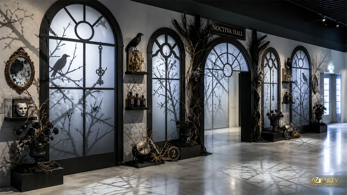Lối vào Noctiva Hall với cửa sổ vòm, bóng cành cây, quạ đen và mặt nạ trắng