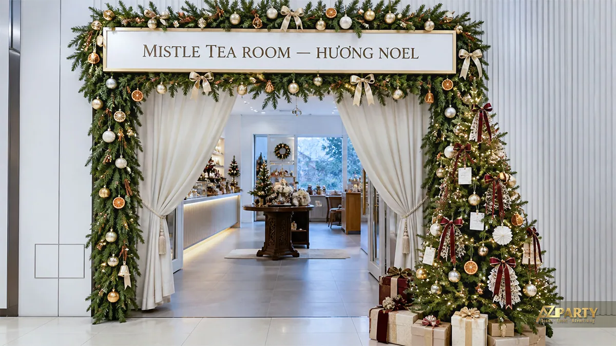 Lối vào tea room với vòng thông, rèm kem và cây Noel trang trí