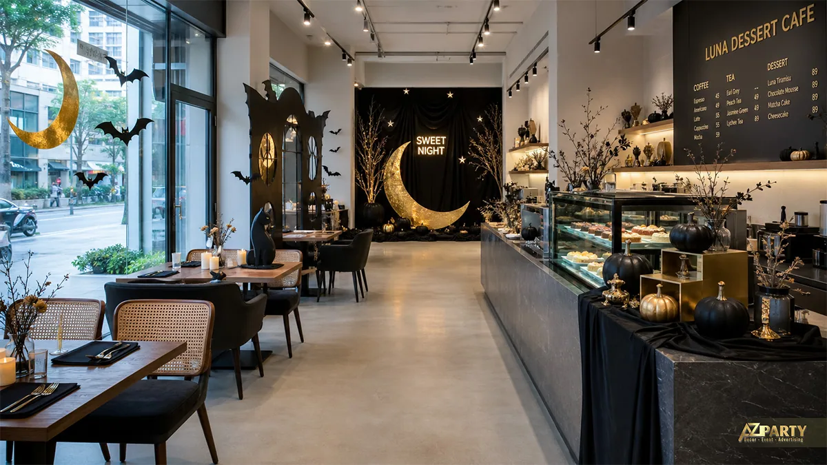 Luna Dessert Cafe tông đen vàng với backdrop trăng khuyết và bí ngô ánh kim