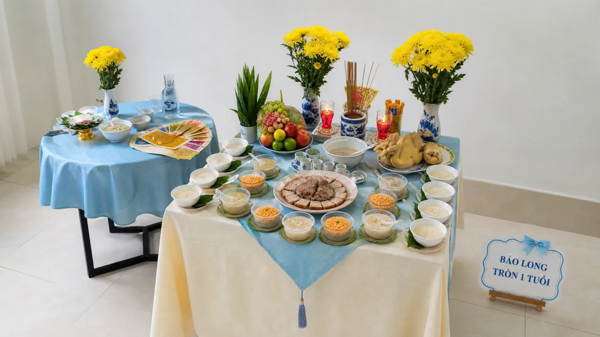Bàn lễ tông xanh nhạt bày gà luộc, cháo, thịt luộc, các chén chè và hoa cúc vàng