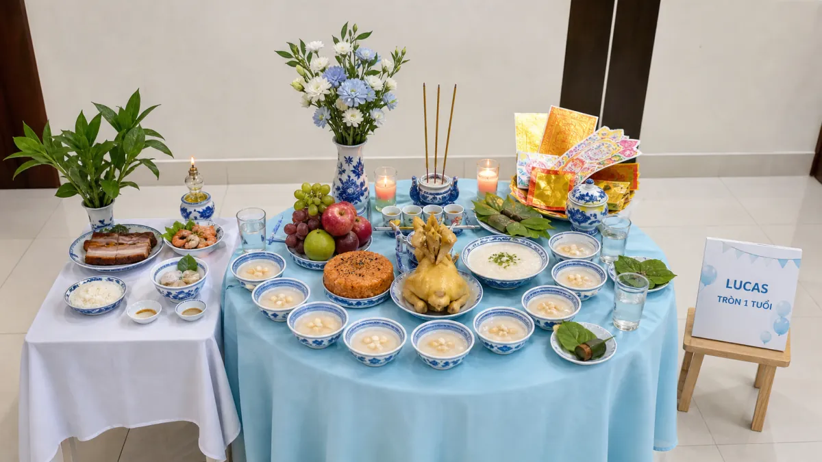 Bàn thôi nôi màu xanh nhạt có gà luộc, các chén chè, xôi cam và mâm trái cây