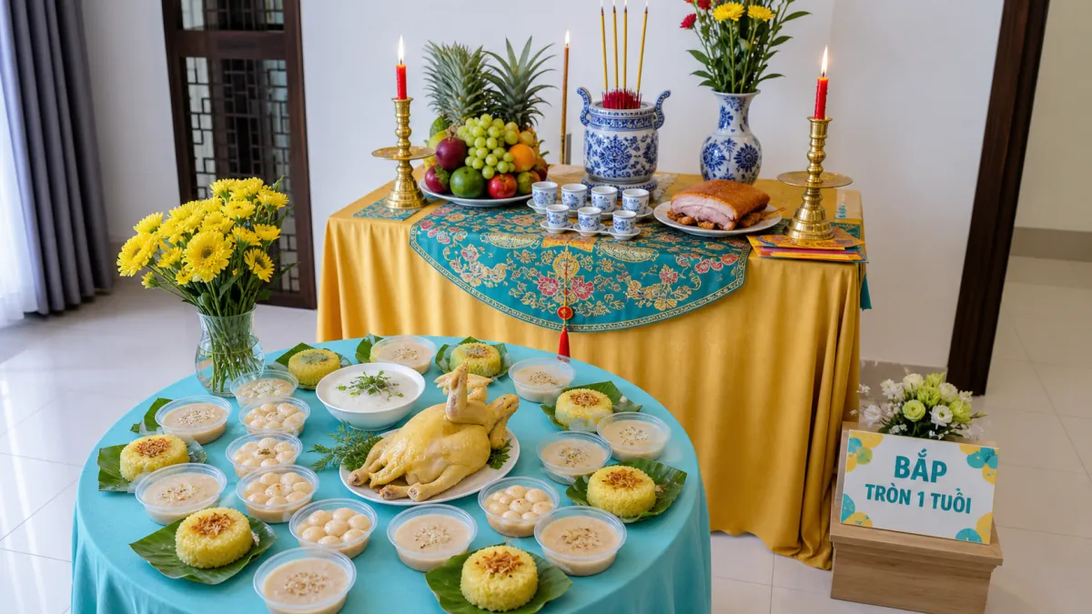 Mâm lễ tông xanh vàng bày gà luộc, các phần xôi chè, trái cây và hoa cúc