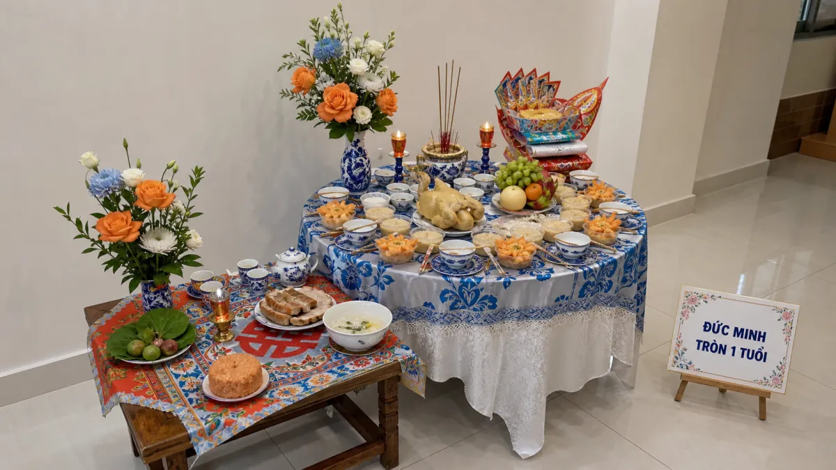Hai bàn lễ phủ họa tiết xanh bày gà luộc, cháo, thịt quay, trái cây và hoa cam trắng