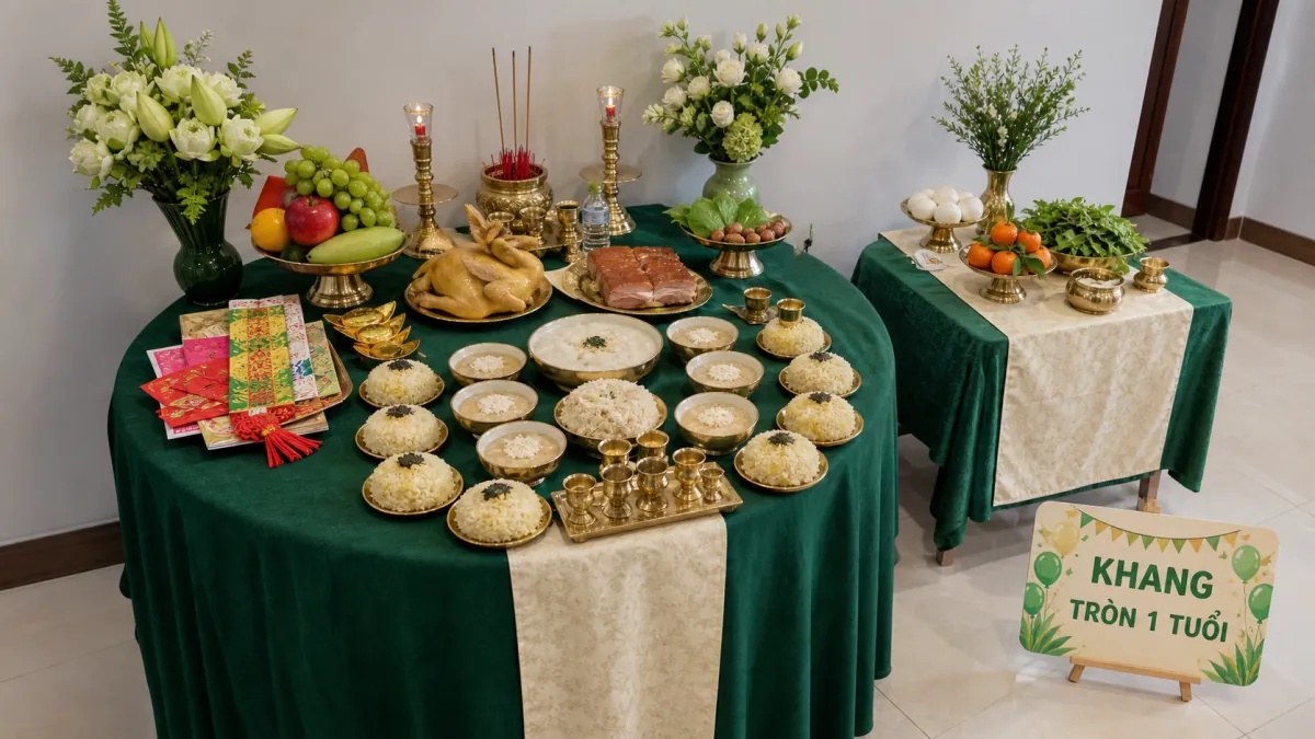 Bàn thôi nôi tông xanh lá và vàng với gà luộc, xôi trắng, thịt quay và trái cây