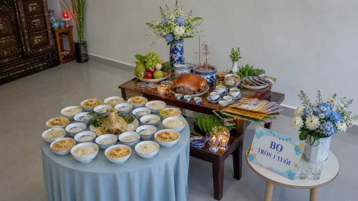 Mâm cúng chia hai bàn với gà luộc, các chén lễ, thịt quay, trái cây và hoa xanh trắng