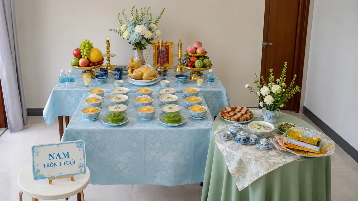 Bàn lễ màu xanh nhạt bày gà luộc, các chén xôi chè, hai mâm trái cây và hoa trắng