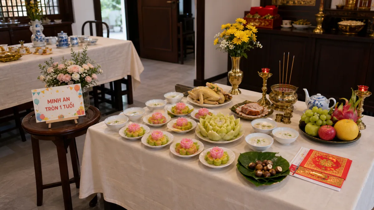 Bàn cúng có gà luộc, xôi hoa màu hồng, mâm trái cây và bình hoa cúc vàng