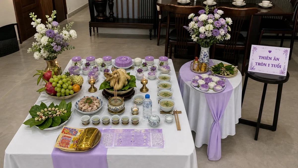 Mâm thôi nôi tông tím với gà luộc, các phần xôi chè, trái cây và hoa tím trắng