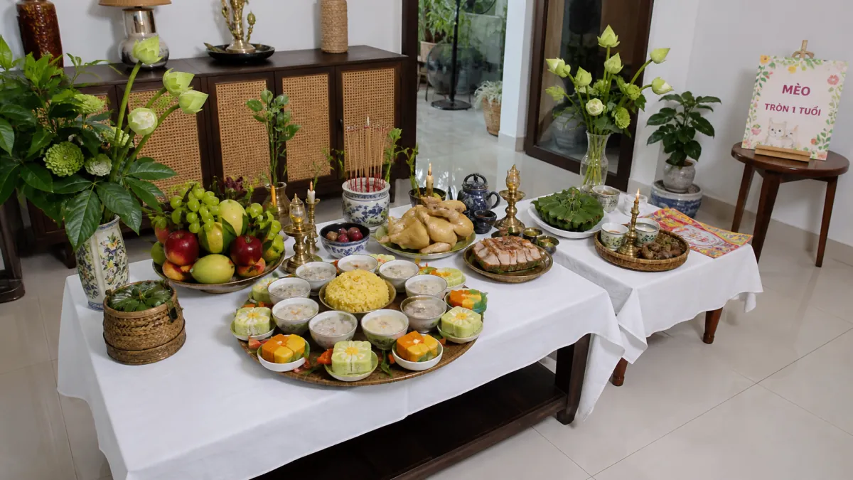 Bàn lễ tại nhà bày gà luộc, xôi vàng, trái cây, các món lễ và hoa trắng