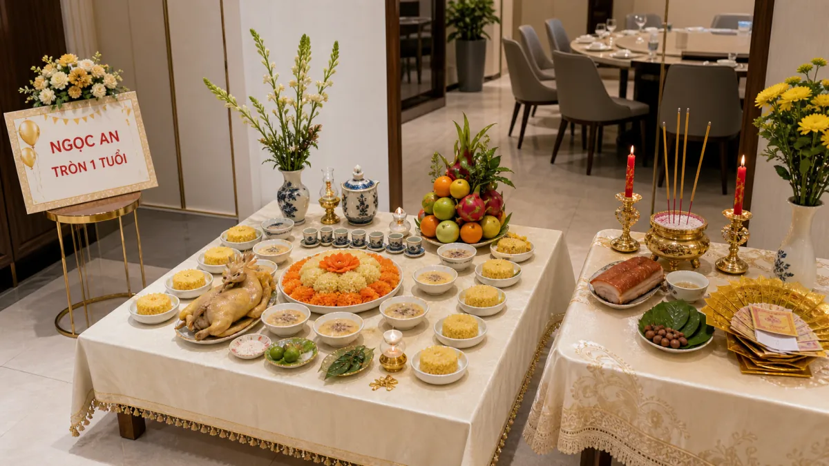 Hai bàn lễ gồm gà luộc, xôi tạo hình hoa, tháp trái cây và phần lễ mặn đặt riêng
