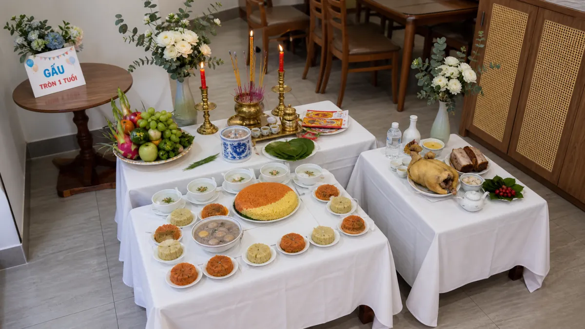 Mâm cúng chia hai bàn với gà luộc, xôi màu cam, các chén lễ, trái cây và hoa trắng
