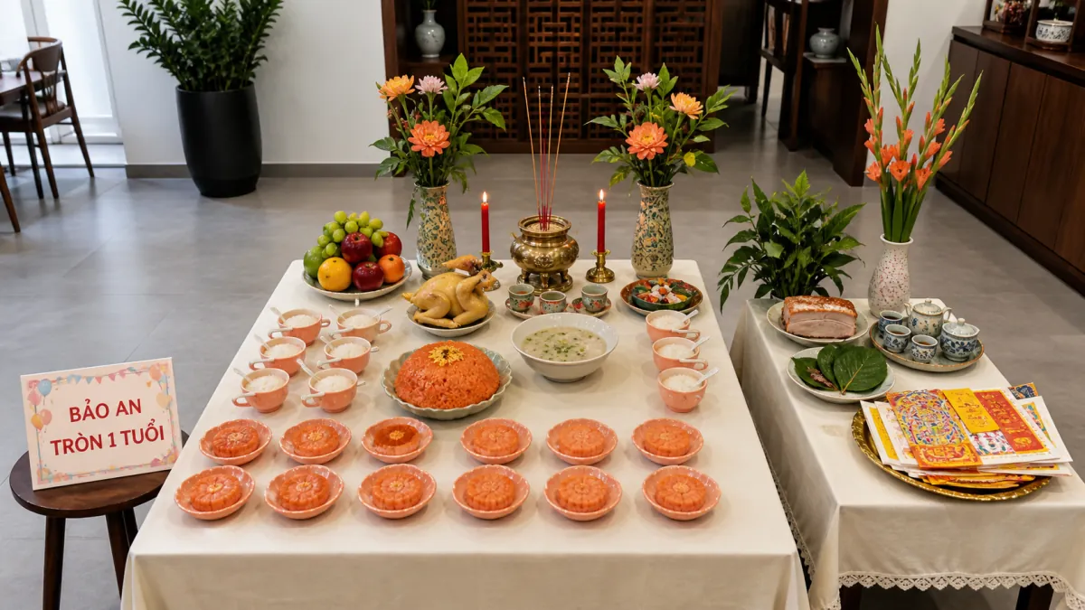 Bàn lễ bày gà luộc, xôi màu cam, dãy chén chè, trái cây và hoa đồng màu