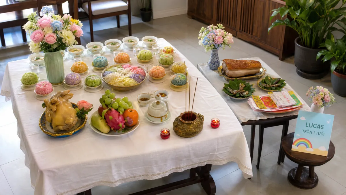 Mâm thôi nôi với gà luộc, xôi nhiều màu, trái cây và bình hoa pastel